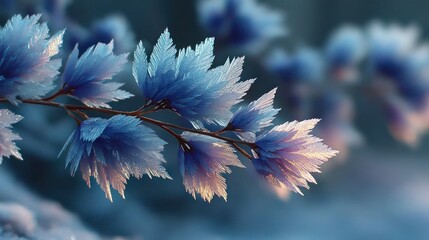 Close-up of icy, crystal-like frost clinging to a delicate branch