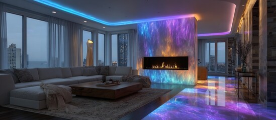 A modern living space with LED lights, fireplace, large windows, and a city view