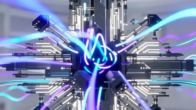 Abstract high tech machine core animation glowing neon cables technological innovation future innovation quantum computing
