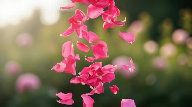 a cascade of fresh pink rose petals falling in endless slow motion over a soft, blurred garden background. Timeless, emotional, and high-quality stock footage