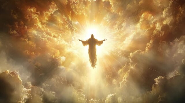 A figure rises through clouds surrounded by bright light in a dramatic celestial moment at an unspecified time
