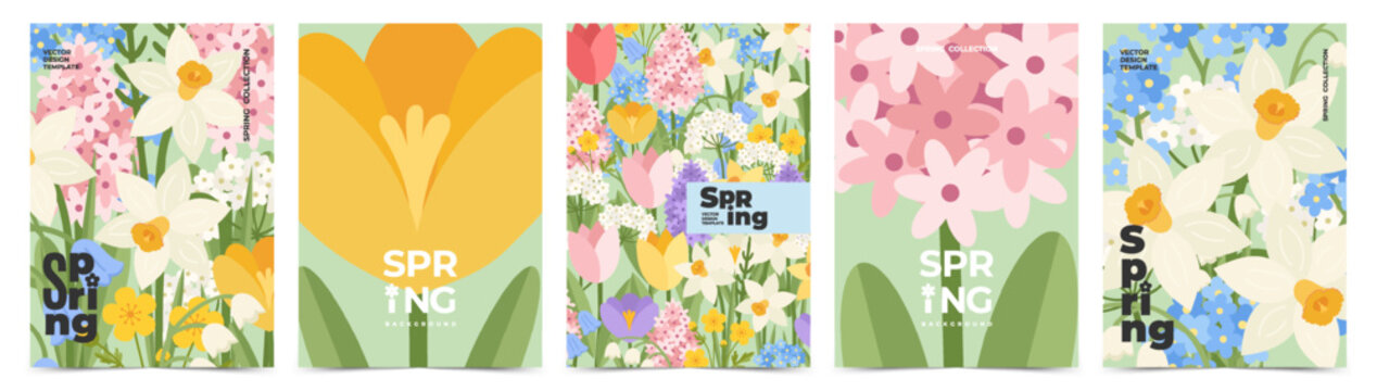 Spring card, poster set with spring flowers. Vector design template for banner, cover, advertising, social media