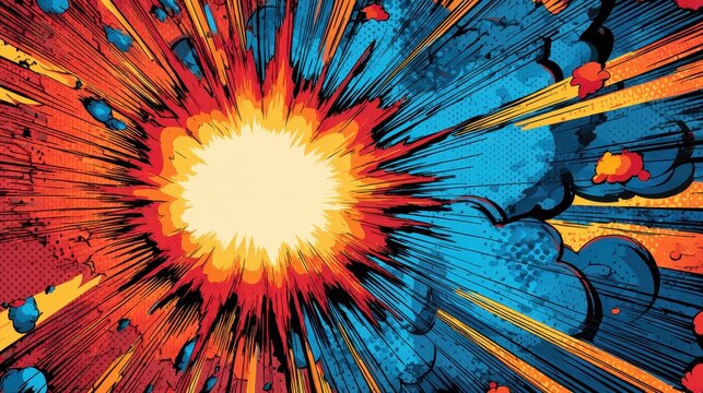 Comic book style explosion with vibrant radial lines and abstract elements