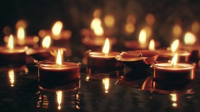 Close-up of multiple lit candles in water with warm, soft lighting and a dark background.
