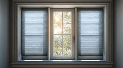 Fototapeta premium Modern window with grey pleated blinds and bright sunlight shining through the middle pane