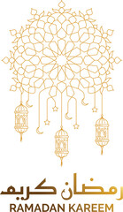 Elegant golden outline Islamic geometric pattern with traditional lanterns crescent moons and stars perfect for Ramadan Kareem greeting cards and festive designs