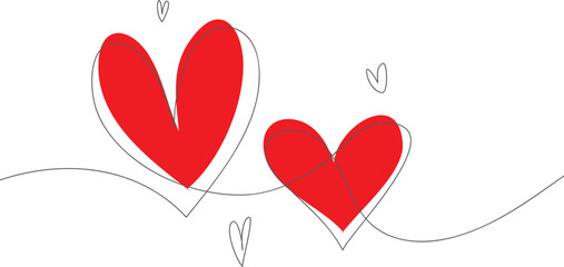 Continuous line art illustration of two red hearts symbolizing love and connection perfect for Valentines Day and romantic concepts