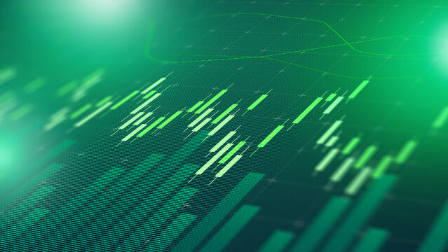 Data visualization shows stock market trends on green background in digital format