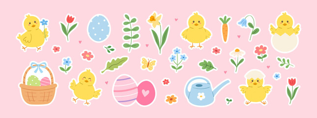 Cute Easter stickers with chickens, flowers, a watering can, and a basket