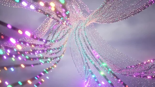 Abstract string lights background with festive holiday bokeh animation and glowing particles decoration on soft lavender colored sky for celebrations