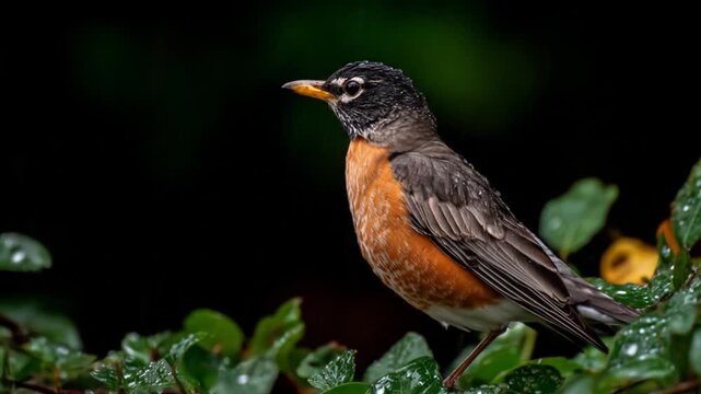 A robin perches amidst lush greenery during a gentle rain shower.