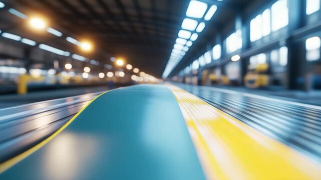An industrial setting shows a conveyor belt leading to the distance with blurred lights & details