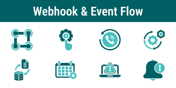 Icons visualizing webhook triggers callbacks event processing and automated workflows