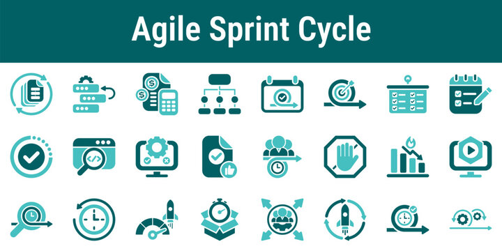 Agile sprint cycle icon set showing planning backlog tasks development testing review release and team collaboration workflow