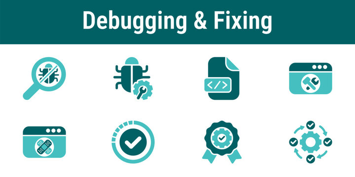 Icon set for debugging and bug fixing process with code, error detection, patch, verification, QA approval and automation symbols