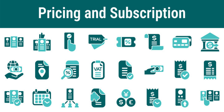Pricing and subscription icons for SaaS billing workflow plans, free trial, discounts, invoices, taxes, receipts, renewal, upgrades and payment methods