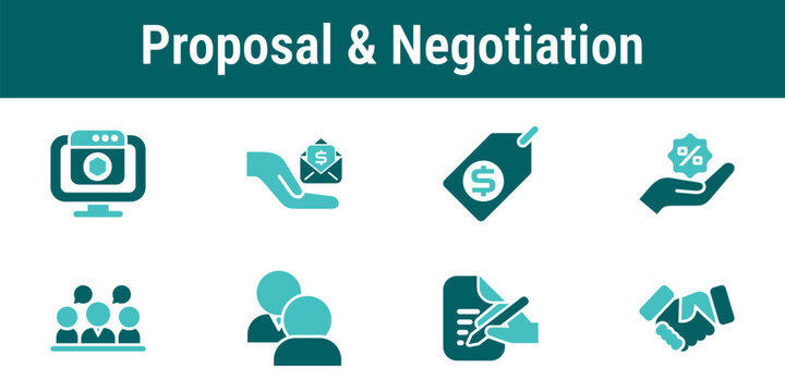 Proposal and negotiation icons representing demo presentation offer proposal pricing discussion objections handling and negotiation workflow for sales deals