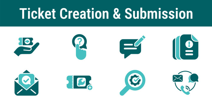 Icons for creating and submitting support tickets request forms, attachments, email confirmation, help chat, issue reporting and tracking start