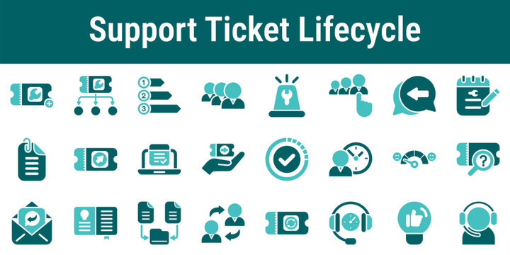 Icons for support ticket lifecycle workflow intake, triage, assignment, escalation, SLA tracking, resolution, feedback and customer service communication