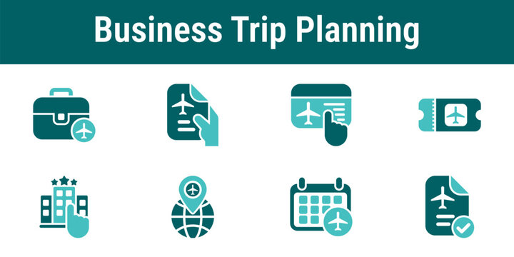 Business trip planning icons showing booking travel requests approvals itineraries scheduling and preparation workflow for corporate travel