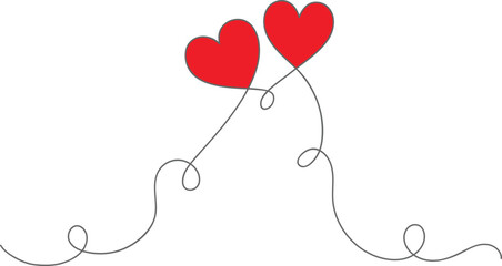 Two red hearts connected by a thin line a minimalist hand-drawn doodle vector illustration symbolizing love and connection for romantic designs