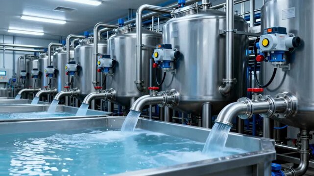 Medium shot of multitank CIP system cycling different cleaning solutions through dairy dryer components highlighting automated valves and piping in contact cleaning process.