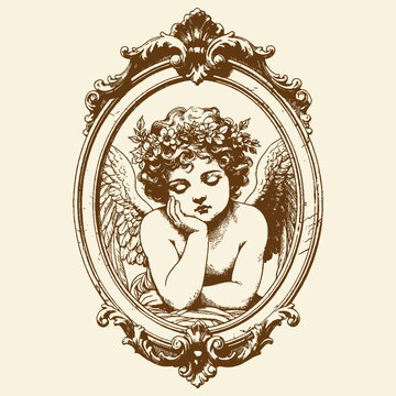 Cherubic Angel in Ornate Frame, Head Resting on Hand, Symbolizing Thoughtfulness, Serenity, and Nostalgia