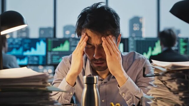 Stressed financial worker experiencing headache and pressure at a desk surrounded by paperwork