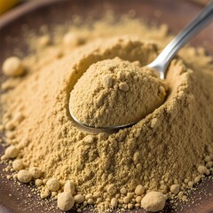 Spoon filled with yellow powder close up macro view