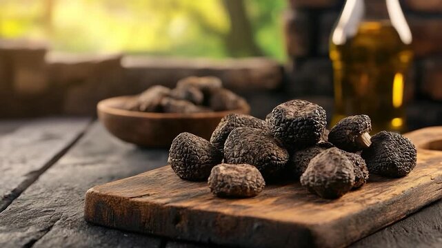 Close-up of black truffles on wooden board with bowl of truffles and bottle of oil