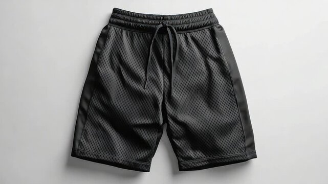 Dark athletic shorts with mesh pattern, drawstring waist, and contrasting side panels, on a white surface
