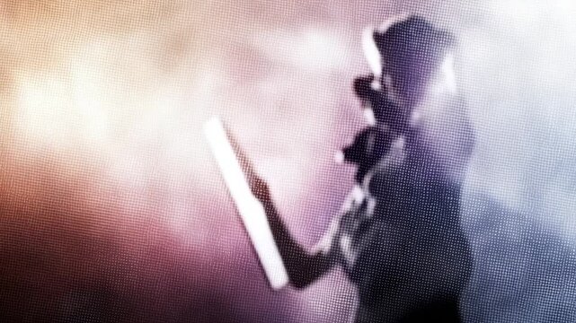 A futuristic silhouette of a person reading a digital tablet, surrounded by glowing abstract lights and a dreamy, high tech atmosphere. Modern technology and innovation are highlighted