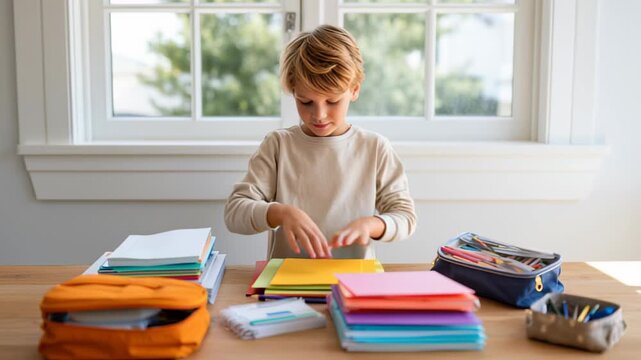 Young boy organizing colorful school supplies at home desk