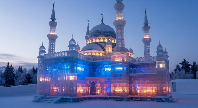 Magnificent ice mosque illuminated with lights at dusk winter festival