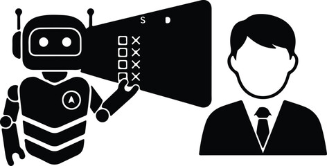 silhouette robot analyzing human worker for recruitment and performance assessment vector design