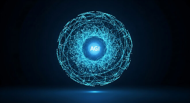 Artificial Intelligence Glowing Digital Network with AGI in the Center