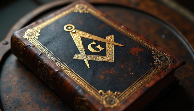 Old masonic book cover close up. Leather bound volume features gold embossed compass and square symbol with letter G. Ornate antique artifact.
