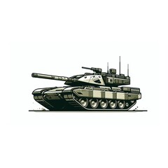 An army battle tank with a cannon on tracks. Military paint. Comic illustration.