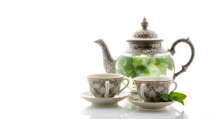 Elegant Tea Set with Infused Water and Mint Leaves on White Background