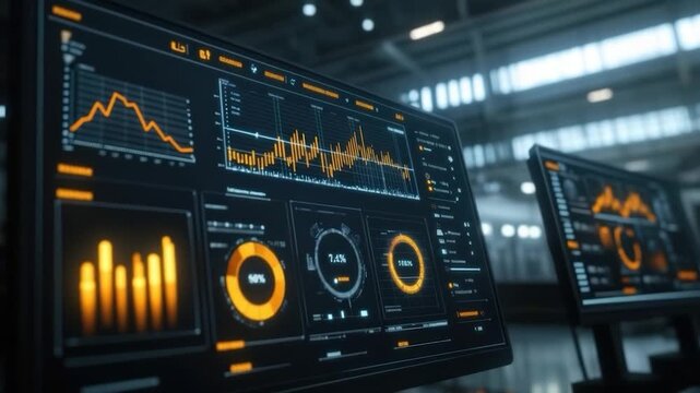 Futuristic computer monitors display glowing graphs and data visualizations. Industrial background