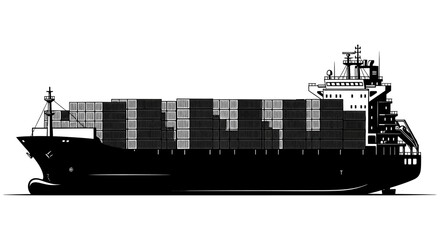 A detailed black and white illustration of a large container ship at sea high quality professional © Apon