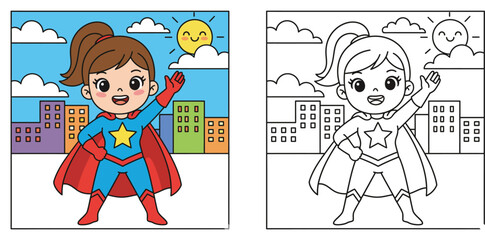 Cute Cartoon Superhero Girl with City Background - Coloring Book Page © MdAbdul