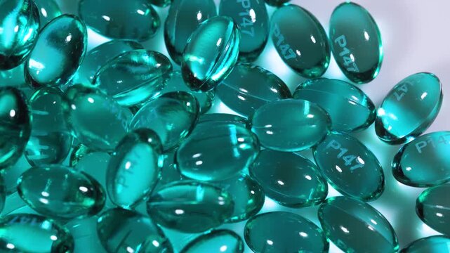 Blue green pill capsules isolated, analgesic pile, painkiller drugs, sedative pills group, medicine gel capsules on white background.