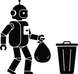 silhouette robot carrying a trash bag to a garbage can vector design