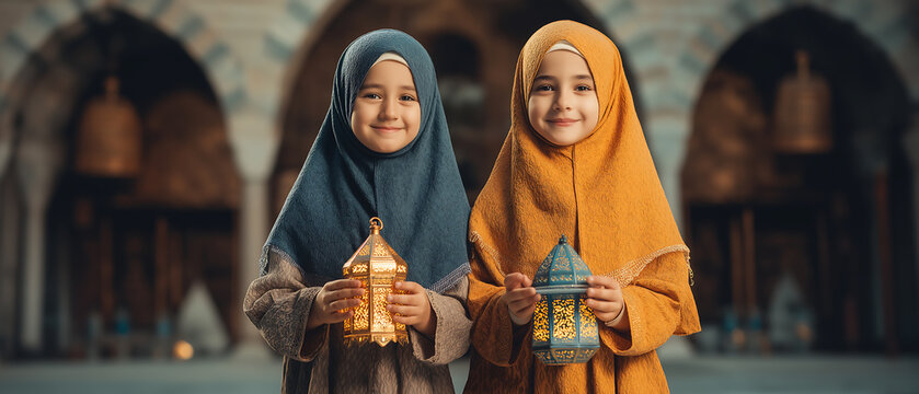 Two happy Muslim girls holding glowing lanterns in masjid courtyard at night celebrating Ramadan