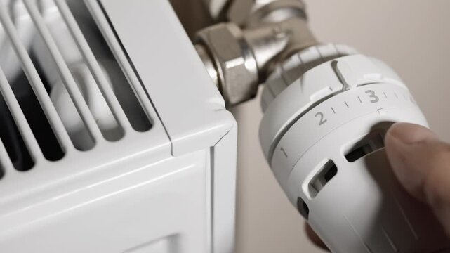 A man's hand adjusts the temperature on a radiator thermostat,