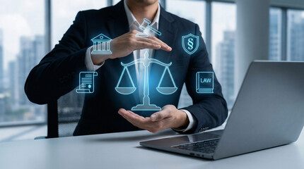 A businessman in a suit holds a glowing scale of justice above his laptop in a modern office.