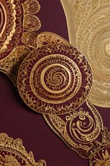Spiral gold filigree discs on red