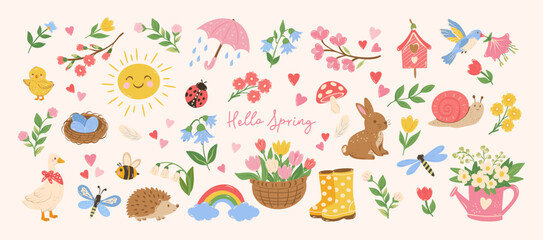 Hand drawn сute spring summer stickers elements. Flowers, goose, chicken, butterfly, birds, sun, rabbit, snail, dragonfly, heart, birdhouse. Vintage vector flat illustration. © Olgadesigner