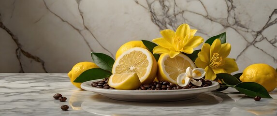 Citrus and coffee still life on plate